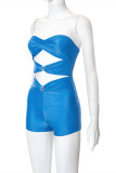 Blue Fashion Sexy Solid Hollowed Out Patchwork Backless Strapless Skinny Romper