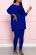 Blue Fashion Casual Letter Print Slit O Neck Long Sleeve Two Pieces