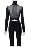 Black Fashion Sexy Print Patchwork See-through Turtleneck Long Sleeve Two Pieces