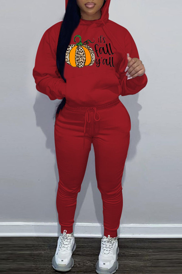 Red Casual Print Patchwork Hooded Collar Long Sleeve Two Pieces