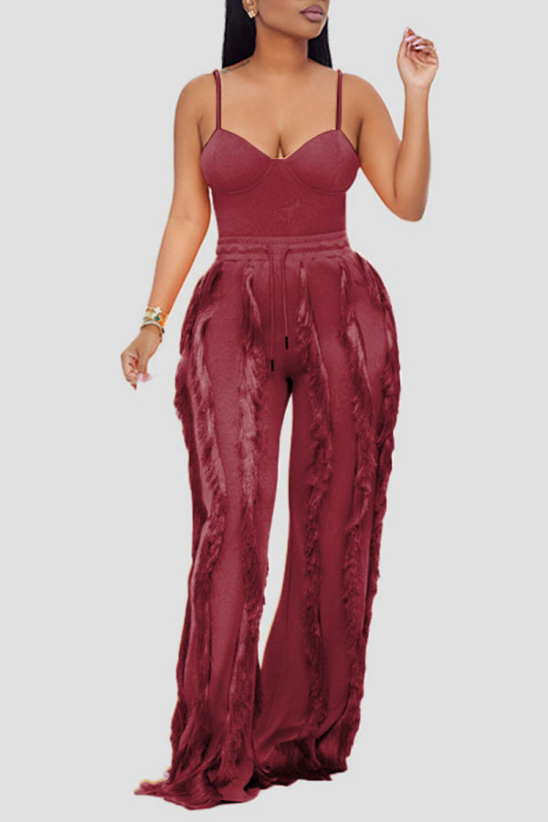 Purplish Red Sexy Solid Tassel Patchwork Spaghetti Strap Sleeveless Two Pieces