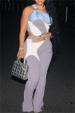 Light Blue Fashion Casual Patchwork Hollowed Out Backless One Shoulder Sleeveless Two Pieces
