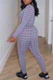 Purple Sexy Print Patchwork Zipper Collar Long Sleeve Two Pieces
