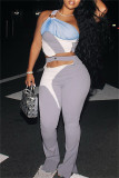 Light Blue Fashion Casual Patchwork Hollowed Out Backless One Shoulder Sleeveless Two Pieces