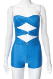 Blue Fashion Sexy Solid Hollowed Out Patchwork Backless Strapless Skinny Romper