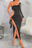 Apricot Sexy Solid Bandage Hollowed Out Patchwork Slit Oblique Collar Pencil Skirt Dresses