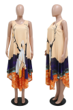 Orange Fashion Print Patchwork O Neck Straight Dresses