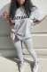 Light Gray Fashion Casual Print Letter O Neck Short Sleeve Two Pieces