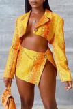 Orange Sexy Print Patchwork Buttons Slit Turn-back Collar Long Sleeve Two Pieces