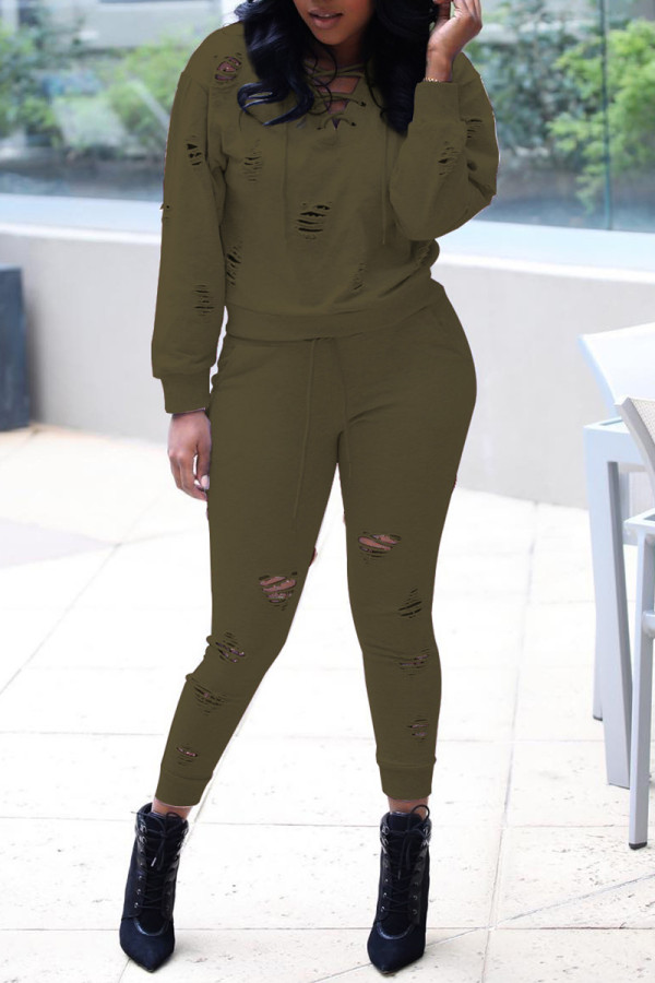 Army Green Casual Solid Ripped Hooded Collar Long Sleeve Two Pieces