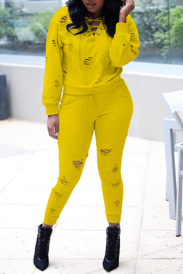Yellow Casual Solid Ripped Hooded Collar Long Sleeve Two Pieces