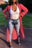Red Casual Striped Patchwork Cardigan Collar Outerwear