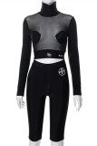 Black Fashion Sexy Print Patchwork See-through Turtleneck Long Sleeve Two Pieces