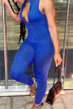 Blue Fashion Casual Print Patchwork Zipper Collar Skinny Jumpsuits