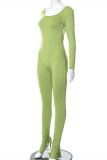 Green Fashion Casual Solid Backless Slit O Neck Skinny Jumpsuits