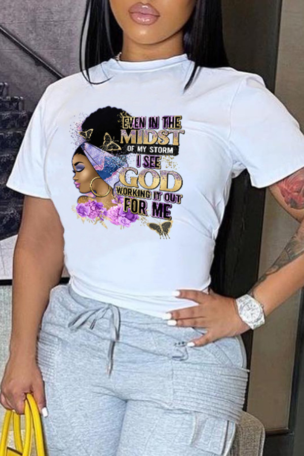 White Fashion Casual Print Basic O Neck T-Shirts