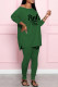 Green Fashion Casual Letter Print Slit O Neck Long Sleeve Two Pieces