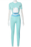Light Blue Fashion Casual Letter Patchwork Hollowed Out O Neck Short Sleeve Two Pieces