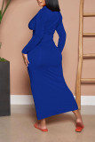 Blue Sexy Solid Patchwork Buckle Fold Turndown Collar One Step Skirt Dresses