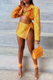 Orange Sexy Print Patchwork Buttons Slit Turn-back Collar Long Sleeve Two Pieces