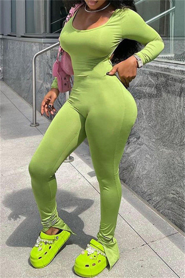 Green Fashion Casual Solid Backless Slit O Neck Skinny Jumpsuits