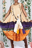 Orange Fashion Print Patchwork O Neck Straight Dresses
