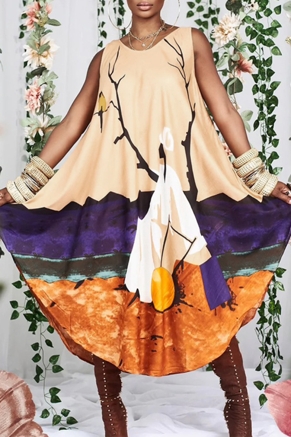 Orange Fashion Print Patchwork O Neck Straight Dresses