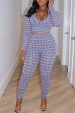 Purple Sexy Print Patchwork Zipper Collar Long Sleeve Two Pieces