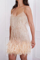 Apricot Fashion Sexy Patchwork Sequins Feathers V Neck Sling Dress