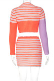 Orange Fashion Casual Patchwork Basic O Neck Long Sleeve Two Pieces