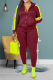 Burgundy Fashion Print Patchwork Turndown Collar Long Sleeve Two Pieces