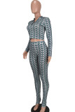 Green Casual Sportswear Print Patchwork Zipper Collar Long Sleeve Two Pieces