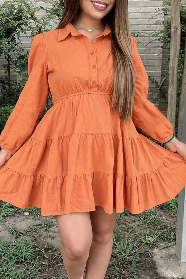 Orange Casual Solid Patchwork Buckle Fold Turndown Collar A Line Dresses