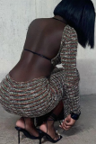 Colour Sexy Print Patchwork O Neck Long Sleeve Two Pieces