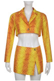 Orange Sexy Print Patchwork Buttons Slit Turn-back Collar Long Sleeve Two Pieces
