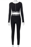 Black Fashion Casual Sportswear Letter Patchwork Zipper Collar Long Sleeve Two Pieces