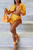 Orange Sexy Print Patchwork Buttons Slit Turn-back Collar Long Sleeve Two Pieces