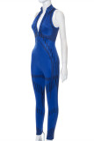 Blue Fashion Casual Print Patchwork Zipper Collar Skinny Jumpsuits