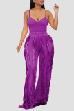 Rose Red Sexy Solid Tassel Patchwork Spaghetti Strap Sleeveless Two Pieces