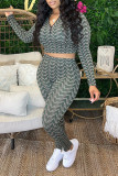 Green Casual Sportswear Print Patchwork Zipper Collar Long Sleeve Two Pieces