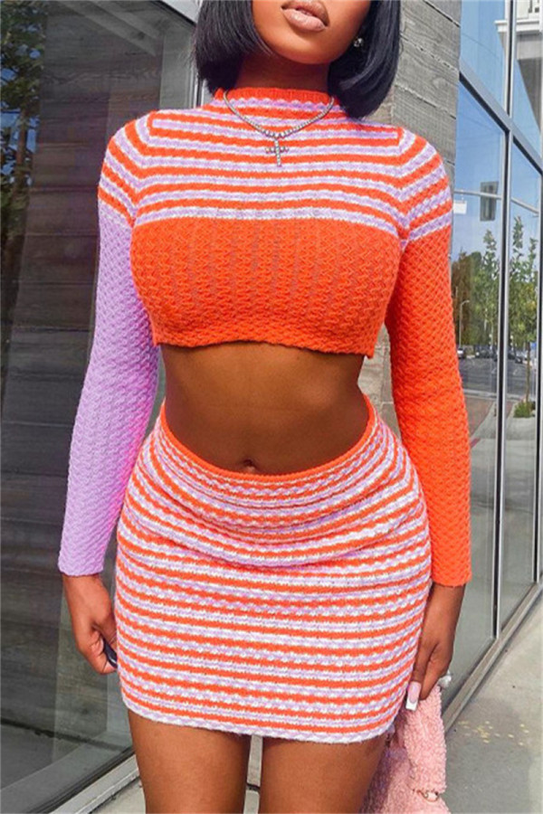 Orange Fashion Casual Patchwork Basic O Neck Long Sleeve Two Pieces