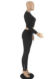 Black Solid Patchwork O Neck Long Sleeve Two Pieces