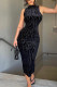 Black Fashion Sexy Print Patchwork See-through O Neck Pencil Skirt Dresses