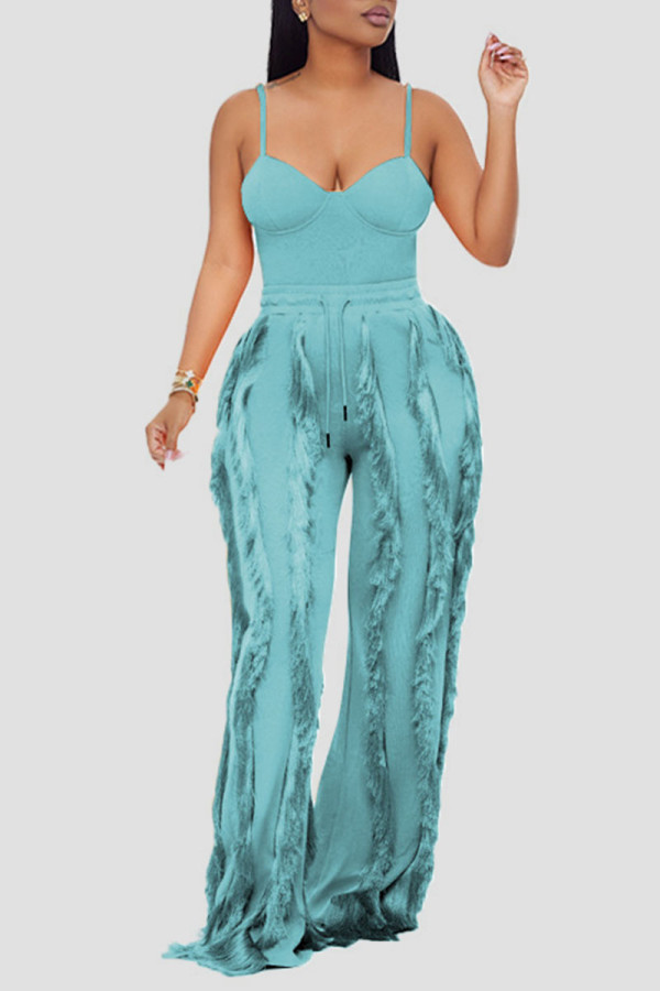 Baby Blue Sexy Solid Tassel Patchwork Spaghetti Strap Sleeveless Two Pieces