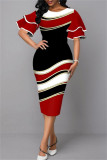 Black Red Fashion Casual Print Patchwork O Neck Short Sleeve Dress