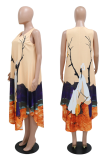 Orange Fashion Print Patchwork O Neck Straight Dresses