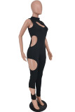 Black Sexy Casual Solid Hollowed Out O Neck Skinny Jumpsuits
