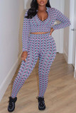 Purple Sexy Print Patchwork Zipper Collar Long Sleeve Two Pieces
