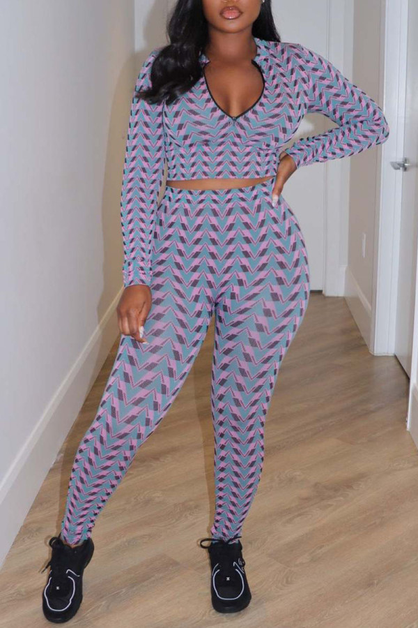 Purple Sexy Print Patchwork Zipper Collar Long Sleeve Two Pieces