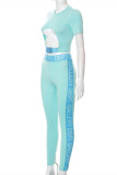 Light Blue Fashion Casual Letter Patchwork Hollowed Out O Neck Short Sleeve Two Pieces